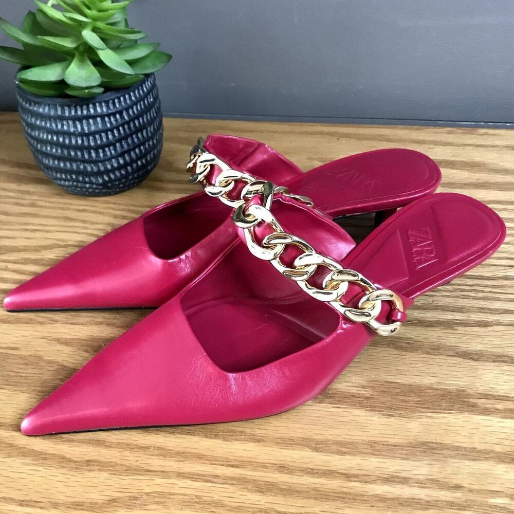 ZARA Pink Chain Strap Mule Heels NWT Pointed Toe Kitten Heel Pumps Size 8 - Picture 11 of 16
